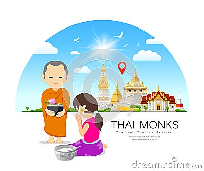 Women offering alms to Thai monks, on thailand Place of respect for faith architecture Vector Illustration