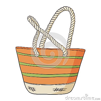 Hand Drawn Orange, Green and Yellow Striped Beach Bag. Women Orange, Green and Yellow bag Isolated Vector Illustration Vector Illustration