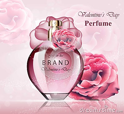 Women perfume bottle delicate rose fragrance. Realistic Vector Product packaging designs mock up floral background Vector Illustration