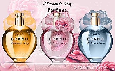 Women perfume colorful bottle set collection fragrances. Realistic Vector Product packaging designs Vector Illustration