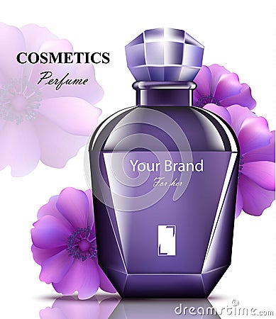 Women perfume purple bottle with delicate flowers fragrance. Realistic Vector Product packaging designs Stock Photo