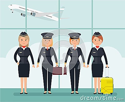 Women pilots and flight attendants. Vector illustration in flat style Vector Illustration