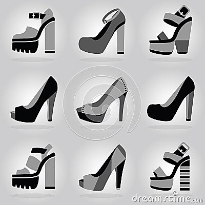 Women platform high heel shoes icons set on gray gradient background Vector Illustration