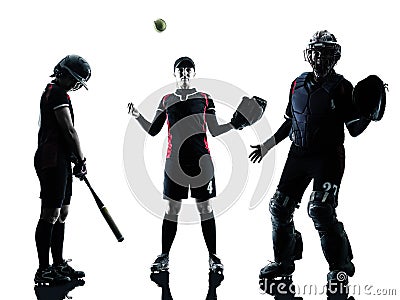 Women playing softball players silhouette isolated Stock Photo