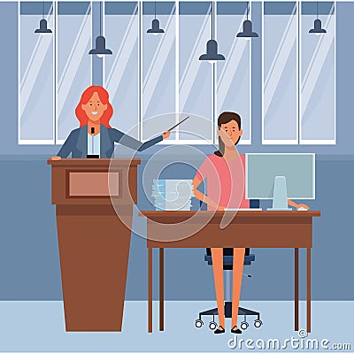 Women in a podium and office desk Vector Illustration