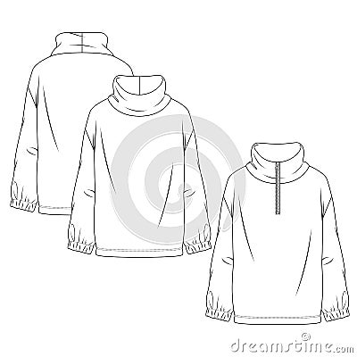 Women Polar Fleece Turtleneck Sweatshirt fashion flat sketch template. Girls Technical Fashion Illustration. Long Sleeves. Zipper Vector Illustration