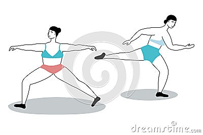 Women poses. Dancing girls in sport suits, elegant ballerinas posing, yoga training or gymnastic exercises, doodle Vector Illustration