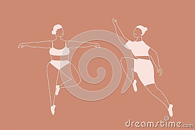 Women poses. Doodle female characters beige colors, girls in active poses, athletic elegant ladies in sport uniform Vector Illustration