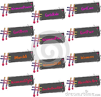 12 women power hashtag banners set for social media apps. Illustration sticker and vector label for conversation. Vector Illustration