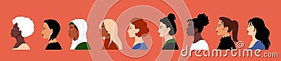 Women profile. International woman day, hair and face silhouette, female people beauty girl in hijab. Various Vector Illustration