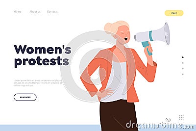 Women protest at online activism service landing page with female character shouting in megaphone Vector Illustration