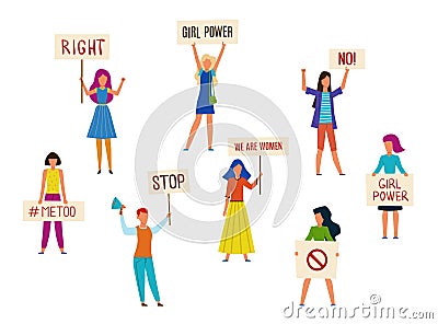 Women protesters. Feminism activists fight for rights or against something. Women holding placards, political meeting Vector Illustration