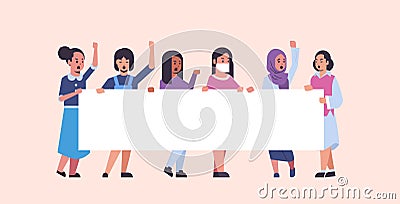 Women protesters holding blank placard mix race girls activists with empty sign banner protest demonstration strike Vector Illustration