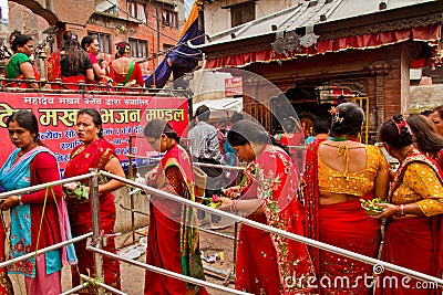 Women queueing with blessings at Teej festival, Durbar Square, K Editorial Stock Photo