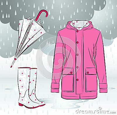 Women rain boots, jacket and umbrella with floral pattern Vector Illustration