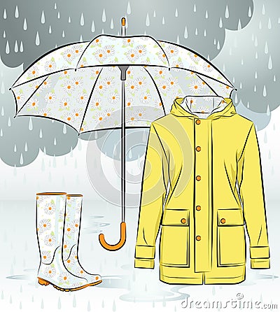 Women rain boots, jacket and umbrella with floral pattern Vector Illustration