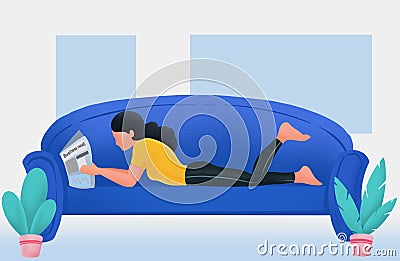 Women reading newspaper lay down on sofa at home,announcement , promotion, news, advertising, commercial concept Stock Photo