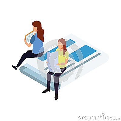 Women reading sitting on newspaper, colorful design Vector Illustration