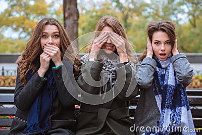 Women representing senses: mute, blind and deaf Stock Photo