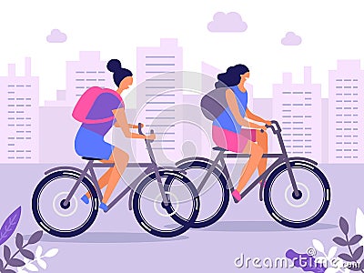 Women ride bicycle in the city vector illustration Vector Illustration