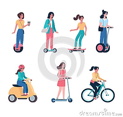 women ride modern electric scooters, skateboards, bicycles, mopeds. Eco friendly alternative vehicles set. Vector girls Vector Illustration