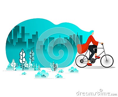 Women Riding Bicycle Around City in Summer, Strong wind in Park blowing hair, Cycling for Health. Flat Cartoon Style. Vector Illus Vector Illustration