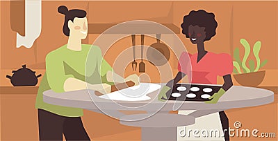 Women roll dough with rolling pin and bake cookies Vector Illustration