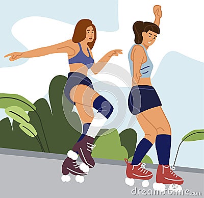 Women rollerblading. Teenagers wearing roller-skates. Sports activity and healthy lifestyle, hobby and recreation in Vector Illustration