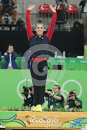 Women`s all-around gymnastics silver, medalist at Rio 2016 Olympic Games Aly Raisman of Team USA during medal ceremony Editorial Stock Photo