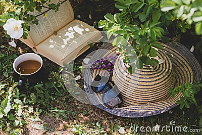 Women`s attributes of rest in the garden at the cottage. Concept summertime, romantic, relax and vintage. Under a bush Stock Photo