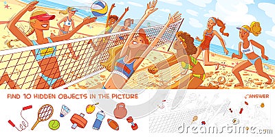 Women`s beach volleyball. Panorama. Find 10 hidden objects Vector Illustration