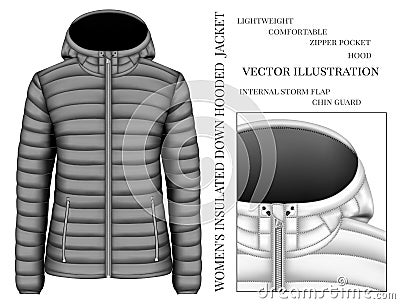 Women`s black hooded insulated down jacket Vector Illustration