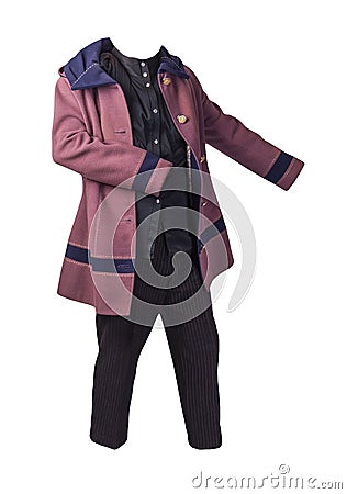 Women`s black white sriped pants, autumn woolen pink coat with dark blue hood and black blouse isolated on a white background Stock Photo