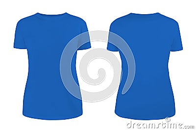 Women`s blue blank T-shirt template,from two sides, natural shape on invisible mannequin, for your design mockup for print, isola Stock Photo