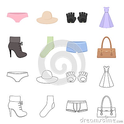 Women`s boots, socks, shorts, ladies` bag. Clothing set collection icons in cartoon,outline style vector symbol stock Vector Illustration