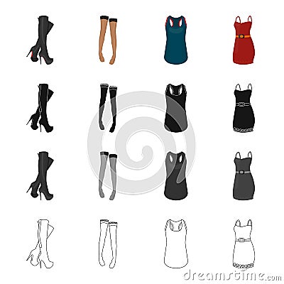 Women`s boots, stockings, T-shirt, dress sarafan. Women`s clothing and footwear set collection icons in cartoon black Vector Illustration