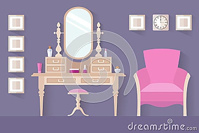 Women`s boudoir. Interior design, vector dressing room. Vector Illustration