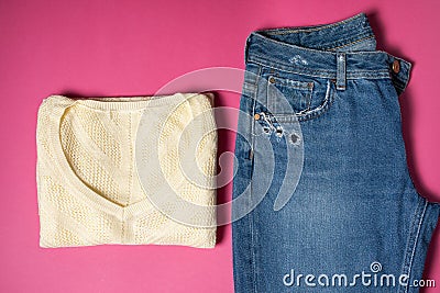 Women`s clothing on the background, top view Stock Photo