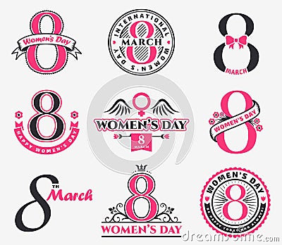 Women`s Day badges and emblems. Vector Illustration