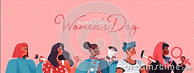 Women`s day card of diverse women social team Vector Illustration