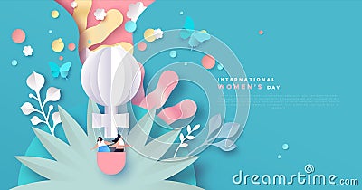 Women`s Day card papercut girls floral landscape Vector Illustration