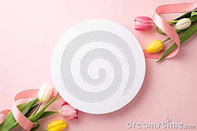 Top view photo of white circle bunches of colorful tulips and silk ribbon on isolated pastel pink background Stock Photo