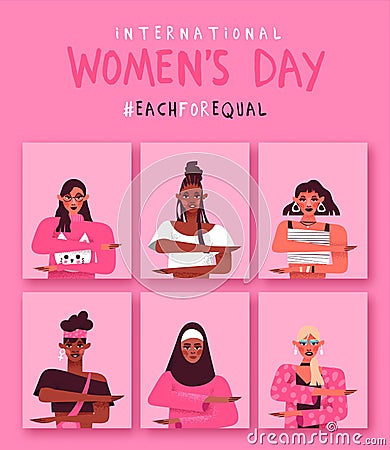 Women`s day each for equal diverse woman card set Vector Illustration