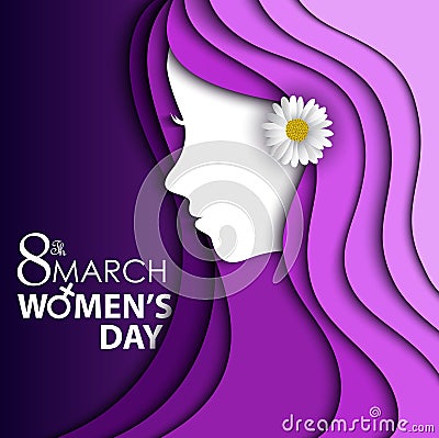 Women's Day greeting card with flower in ear on purple background with design of a women face and text 8th March Women Day Vector Illustration