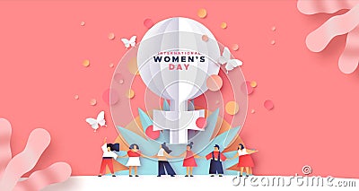 Women`s day paper cut card of girl team together Vector Illustration