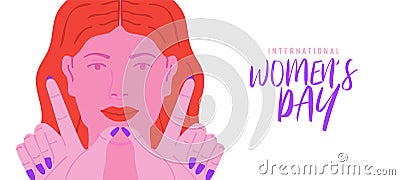 Women's Day pink woman face cartoon card Vector Illustration