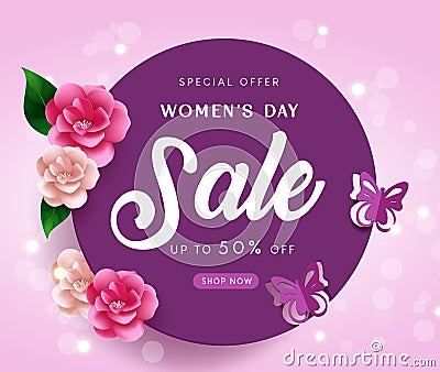 Women's day sale vector banner design. International women's day special offer text with flowers and butterfly Vector Illustration