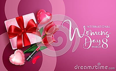 Women`s day vector design. International womens day greeting text with gift, tulips and lipstick elements for march 8 female. Vector Illustration