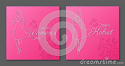 Women's Day. Woman outline. Polish and english version. Stock Photo