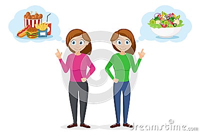 Women`s diet healthy food salad and obesity fast food on a white. Vector Illustration